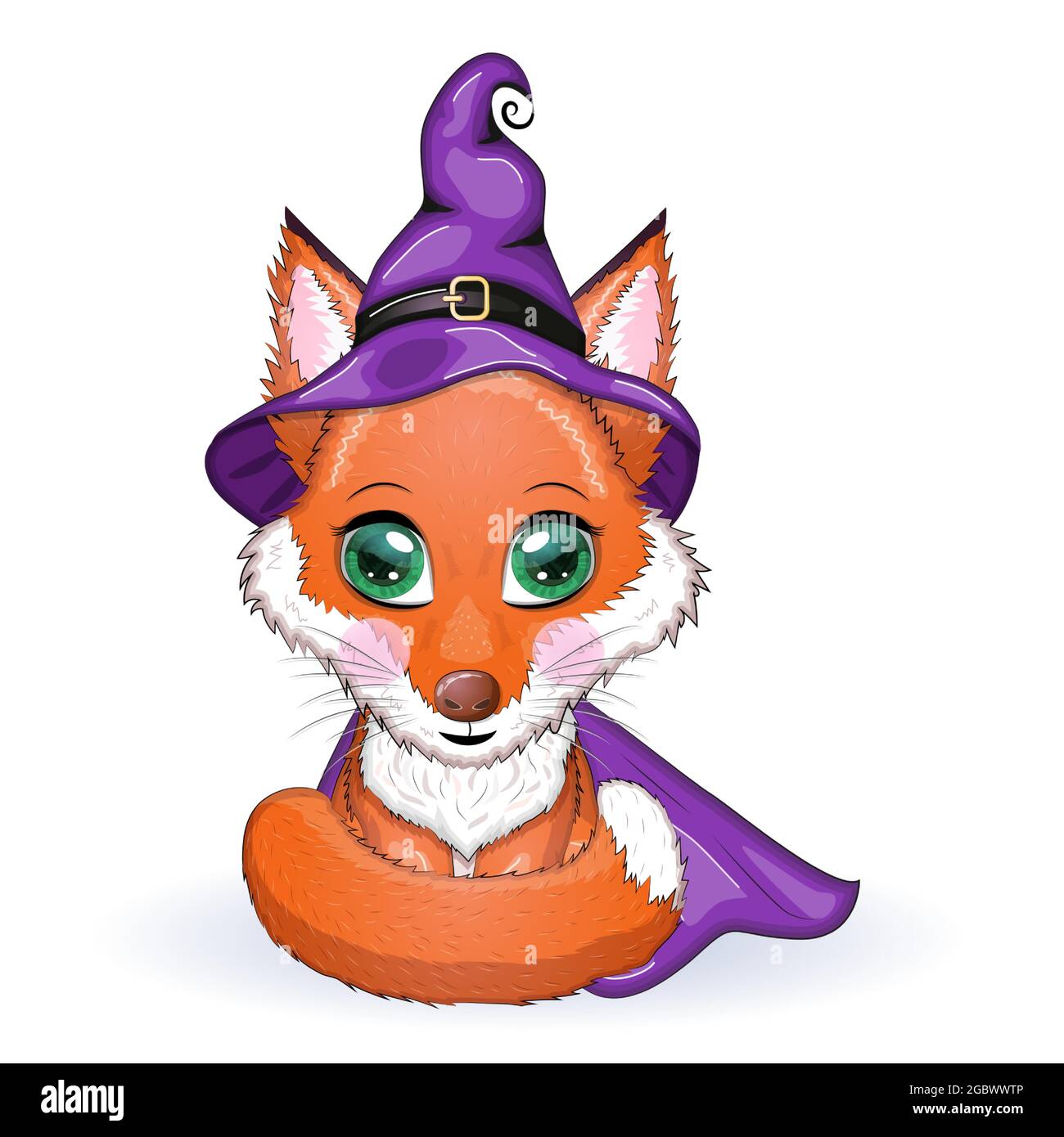 Cartoon fox in a purple witch hat and cloak. Halloween poster Stock