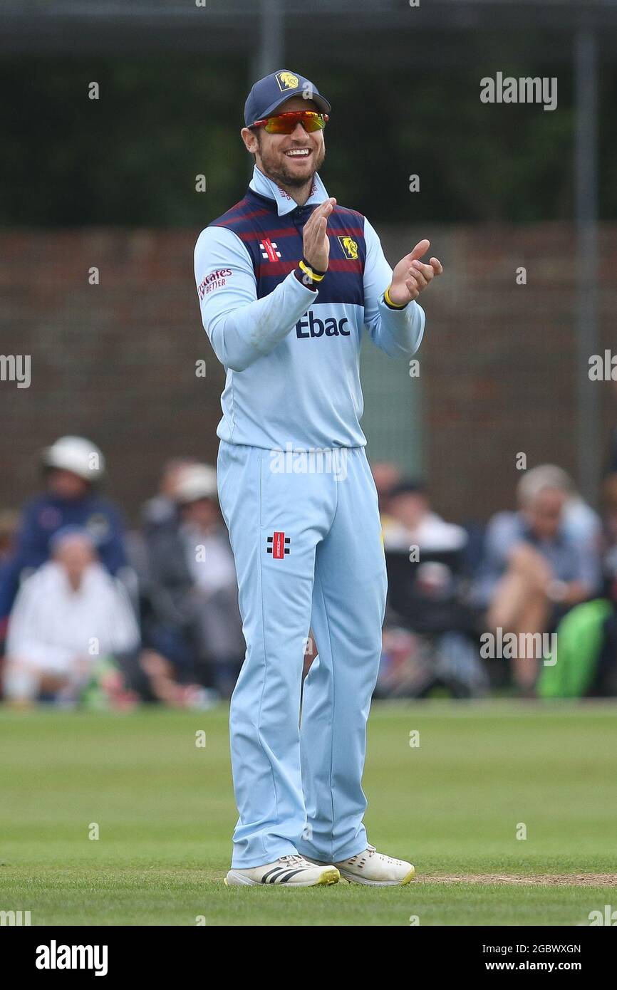 NEWCASTLE UPON TYNE, UK. AUGUST 5TH    Sean Dickson of Durham smiles during the Royal London One Day Cup match between Durham County Cricket Club and Lancashire at Roseworth Terrace, Newcastle upon Tyne on Thursday 5th August 2021. (Credit: Will Matthews | MI News) Stock Photo