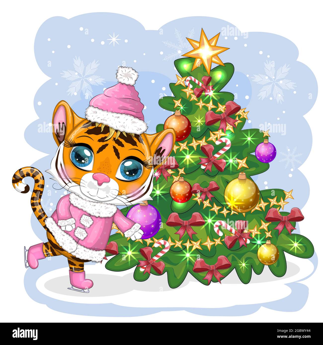 Christmas 2022 Style Cartoon Tiger In A Hat, Fur Coat, Skating Near The Christmas Tree.  Children's Style, Sweetheart. The Symbol Of The New Year 2022. Greeting  Card Stock Vector Image & Art - Alamy