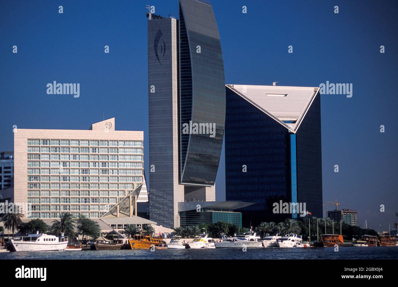 Emirates NBD headquarters building in Deira, Abra boat ride across the Dubai Creek, Dubai, United Arab Emirates Stock Photo