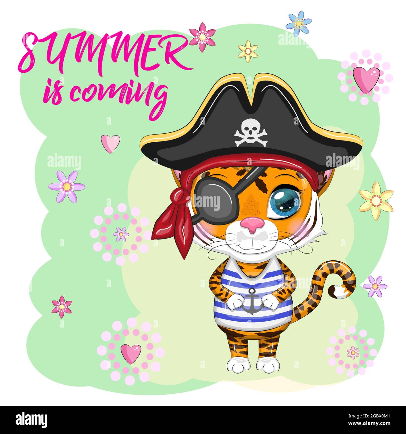 Cartoon tiger pirate in a striped T-shirt, cocked hat, with an eye patch. Hawaii, Vacation, Sea. Summer is coming. Children's style, sweetheart. Symbo Stock Vector