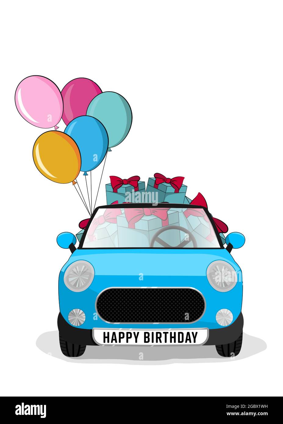 Cute blue car with gifts and balloons. Suitable for posters, prints, and cards. Stock Vector