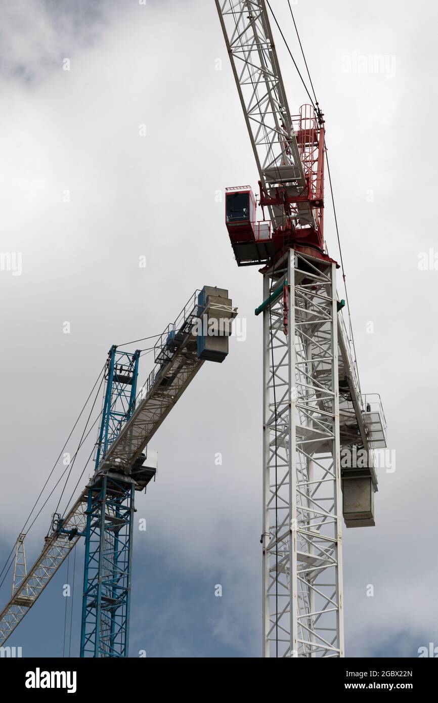 Two construction cranes at construction site. Ontario Canada Stock Photo