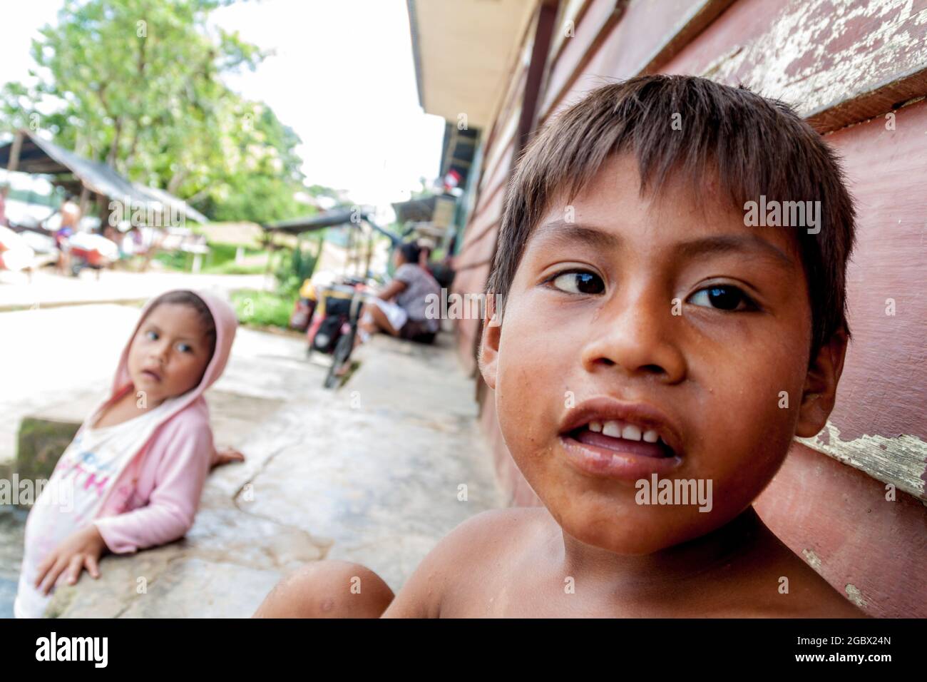 PANTOJA, PERU - JULY 12, 2015: Children living in small village Napo in amazonian jungle, Peru Stock Photo