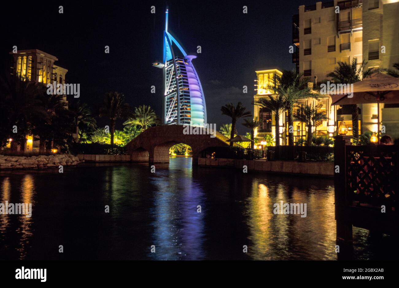 Burj Al Arab from Souk Madinat Jumeirah at night, Dubai, United Arab Emirates Stock Photo