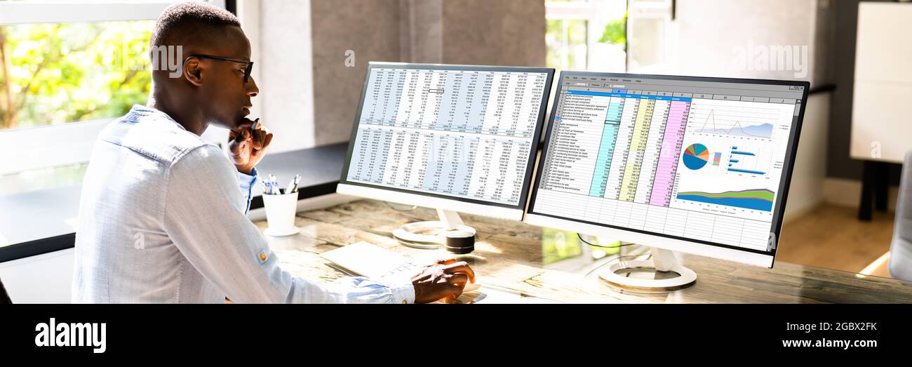 African American Office Employee Auditor Using Spreadsheet Stock Photo