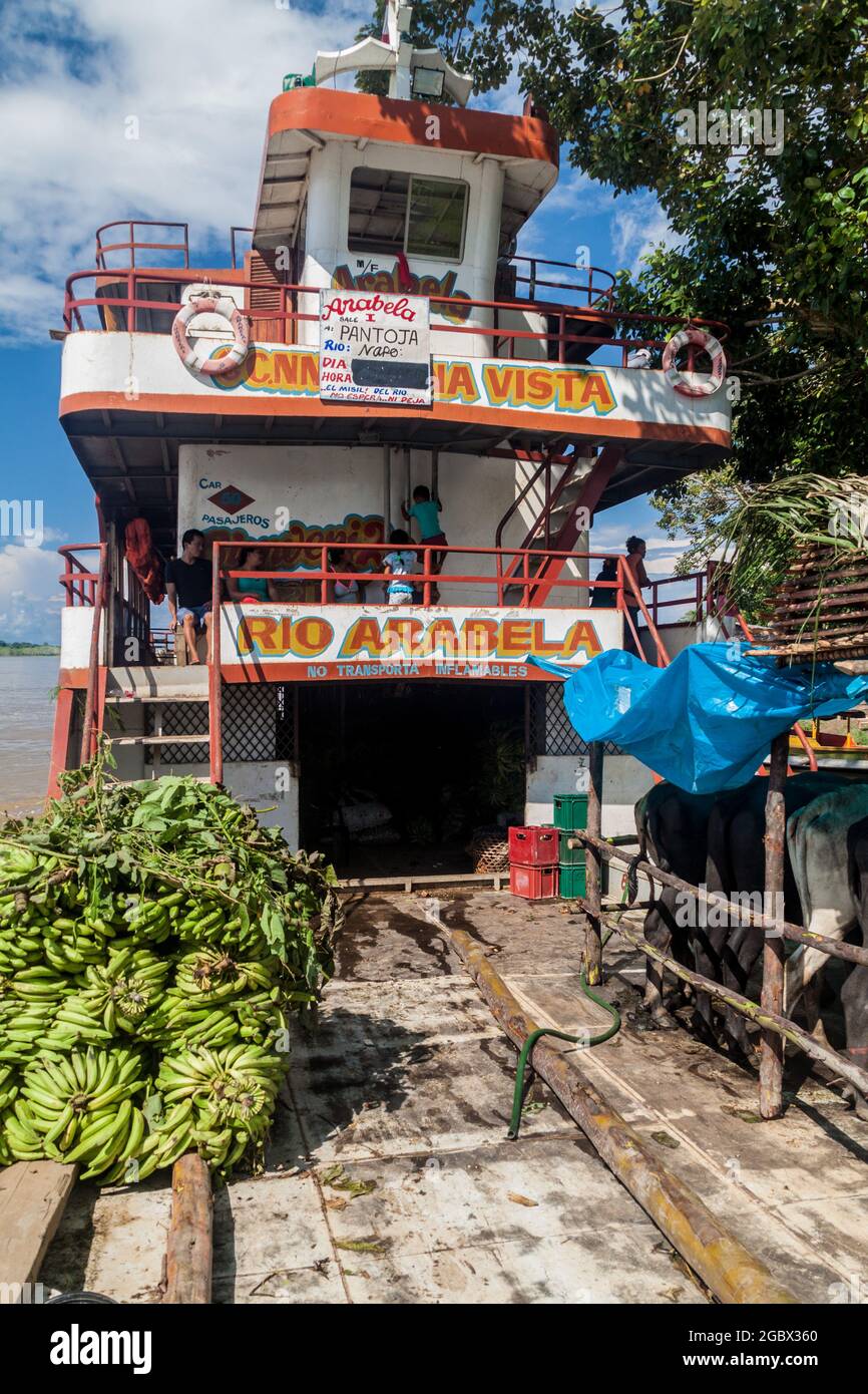 NAPO, PERU - JULY 16, 2015: View of a cargo deck of a boat Arabela I on a river Napo. Stock Photo