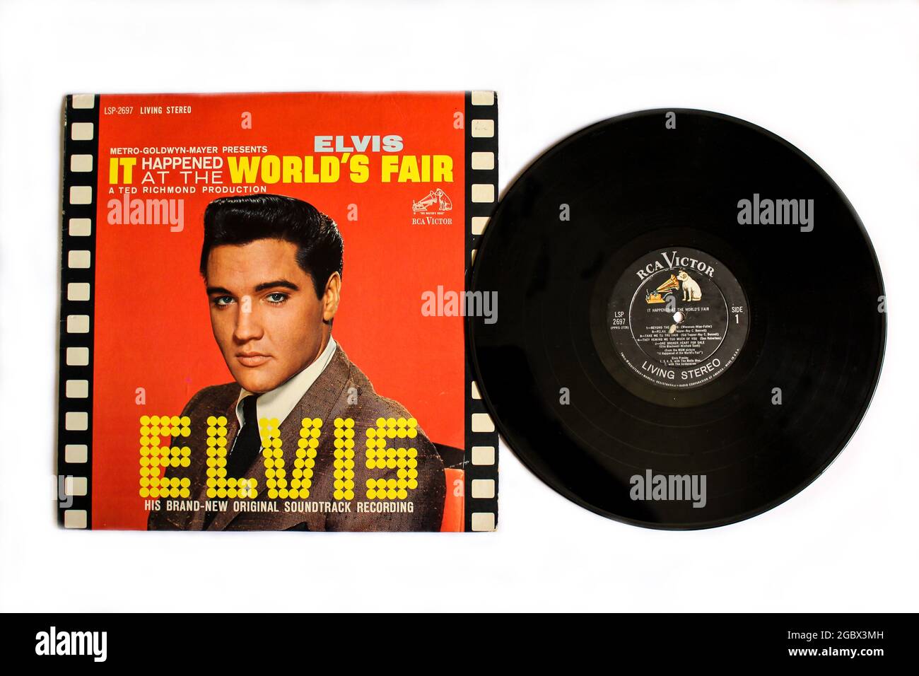 Rock and Gospel artist Elvis music album on vinyl record LP disc. It Happened at the Worlds Fair film soundtrack by American singer Elvis Presley album Stock Photo