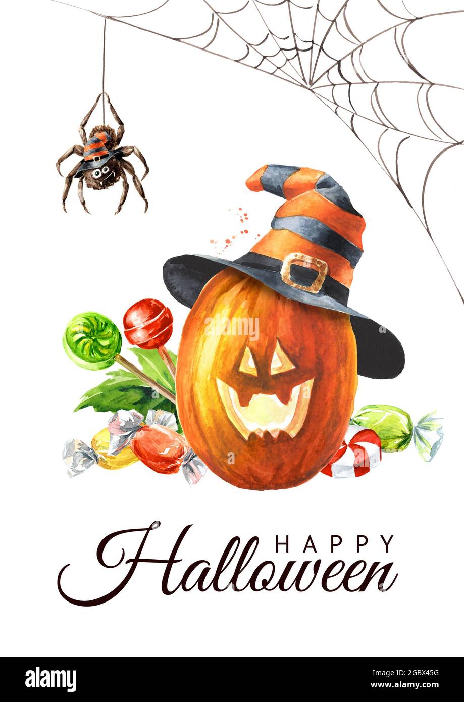 Happy Halloween card with pumpkin, head jack lanterns and candies ...