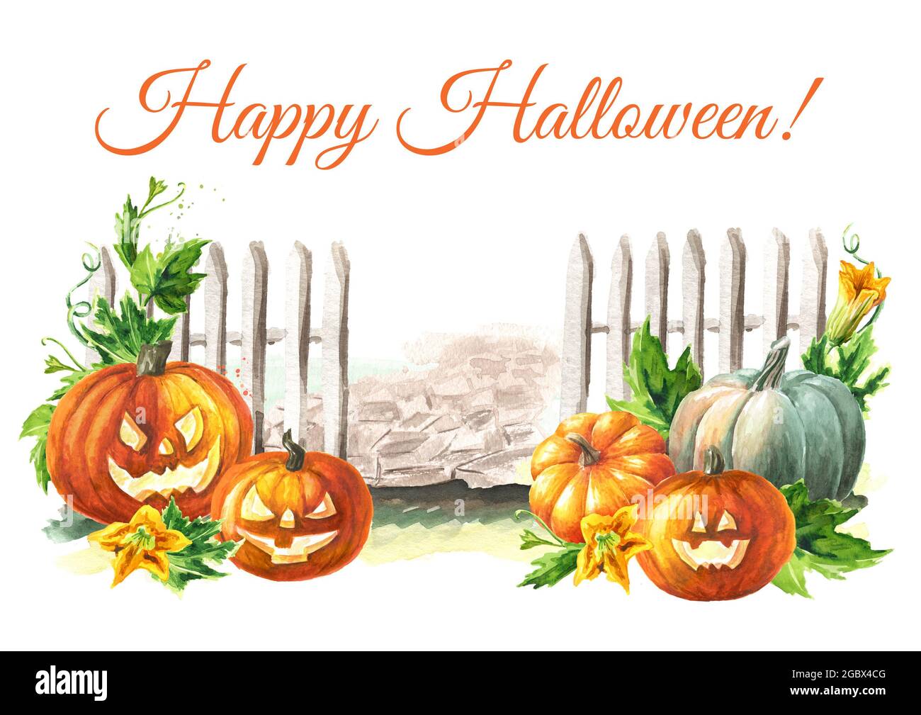 Happy Halloween card with pumpkins. Hand drawn watercolor illustration ...