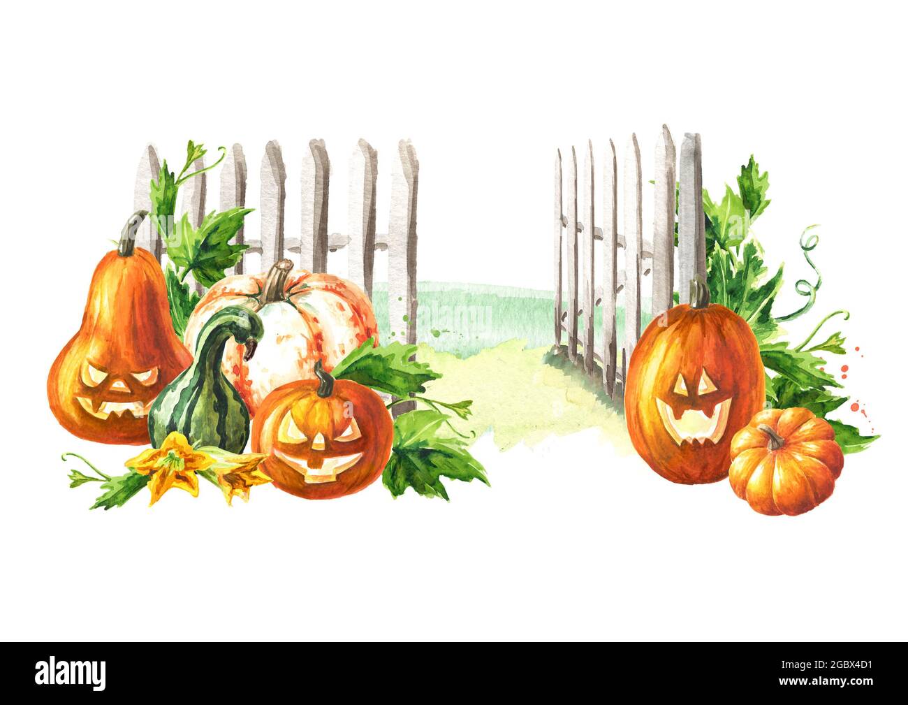 Happy Halloween card with pumpkins. Hand drawn watercolor illustration ...
