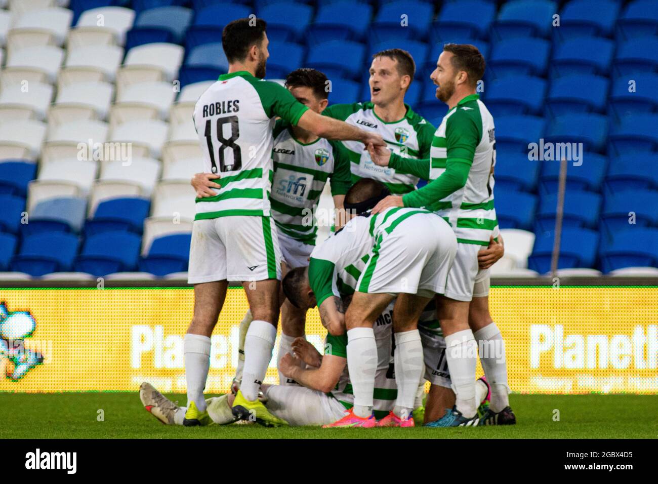 Cardiff Uk 05th Aug 2021 Declan Mcmanus Of The New Saints Celebrates Scoring His Sides Second Goal The New Saints V Fc Viktoria Plzen In The Uefa Europa Conference League 3rd Qualifying
