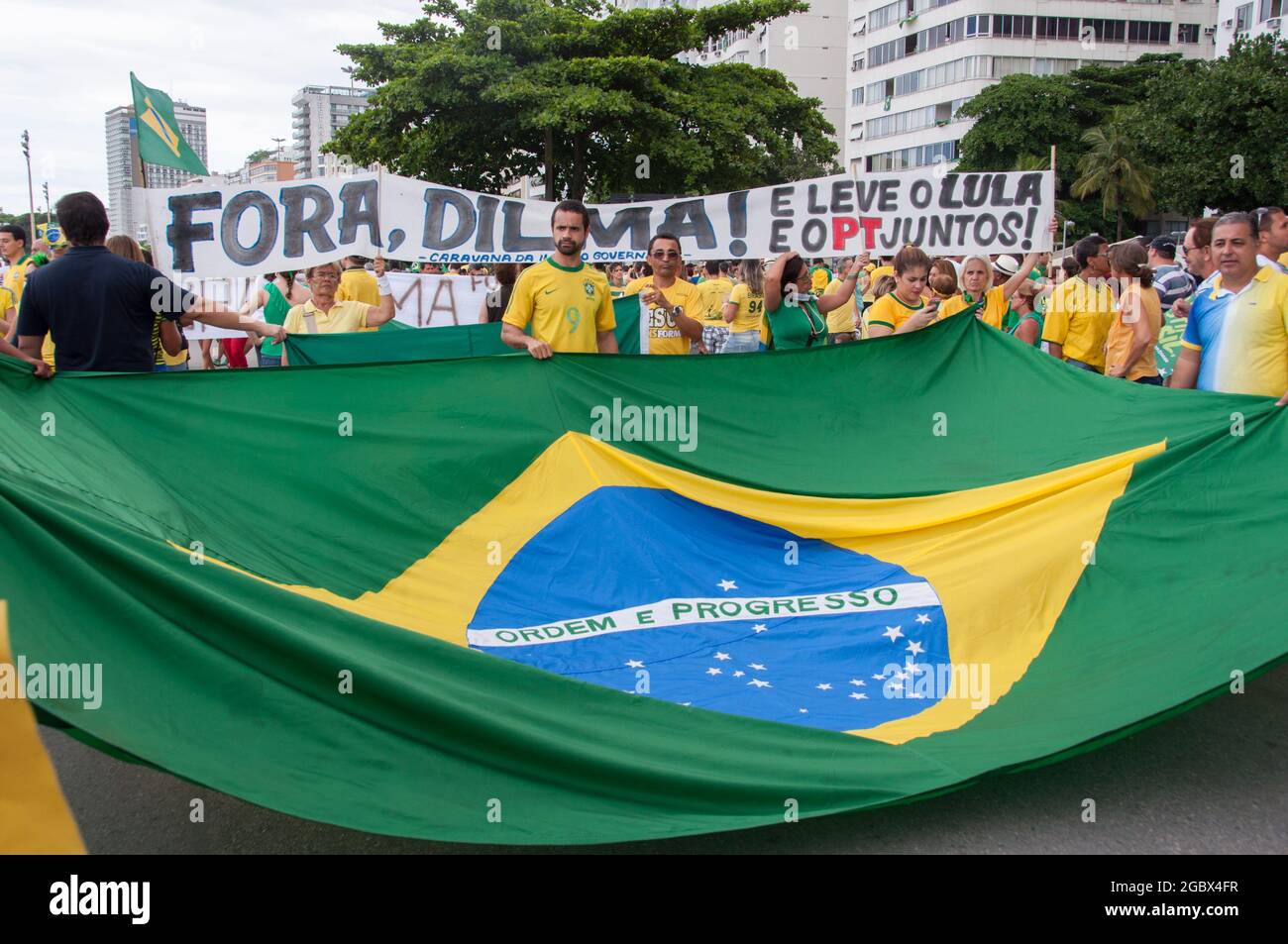 Rio de Janeiro, Brazil - March 13, 2016: Over one million demonstrators in the biggest protest against government, calling for Dilma Rousseff removal. Stock Photo