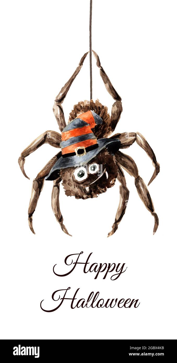 Spider hanging on a web. Happy Halloween card. Hand drawn watercolor ...