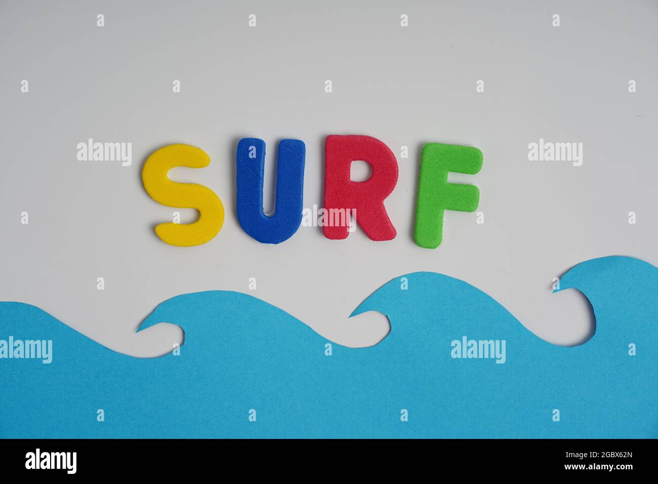 Word surf written in colored alphabets,funny way to teach kids Stock
