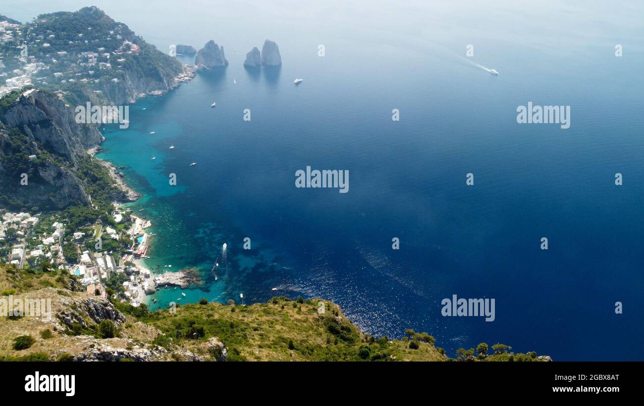 Capri, Italy. Amazing panoramic drone view from Mt Solaro on a sunny summer day Stock Photo