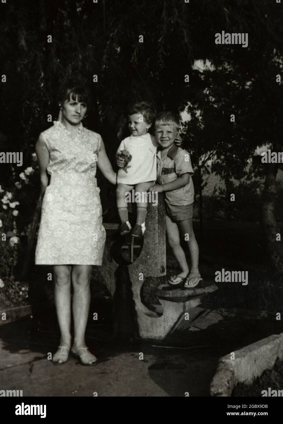 Mother with her son and daughter family portrait on holiday circa 1970, Bulgaria, Balkans, Europe Stock Photo