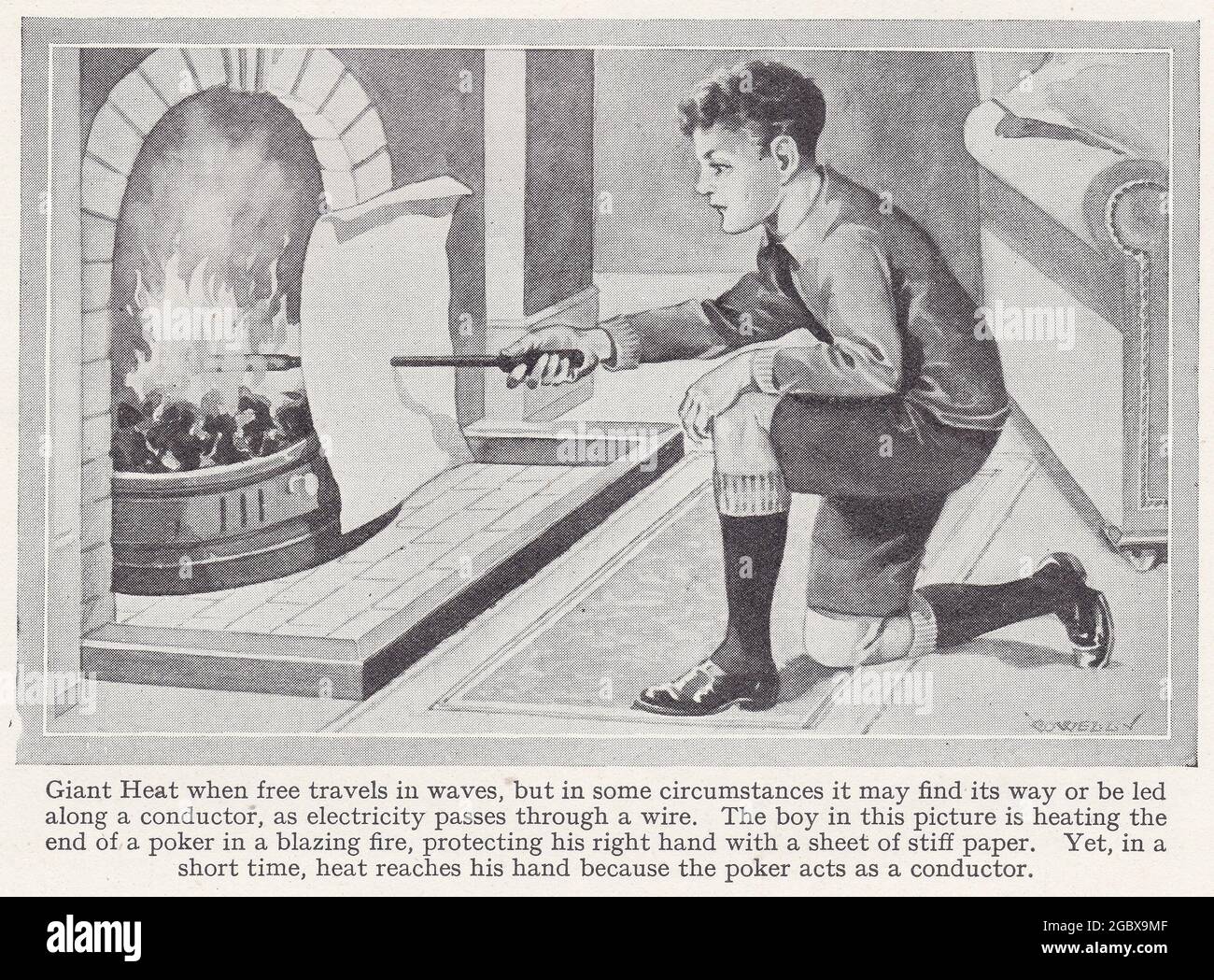 Vintage illustration of Giant Heat - Boy holding a poker in an open fire protecting his hand from the heat with a sheet of stiff paper 1940s. Stock Photo