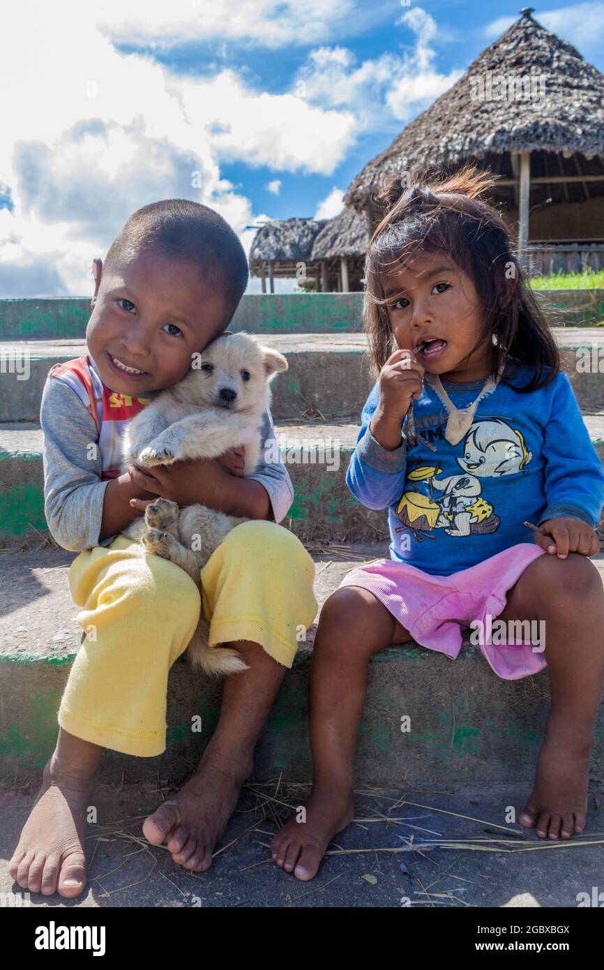 GRAN SABANA, VENEZUELA - AUGUST 13, 2015: Indigenous children in Gran Sabana region of Venezuela Stock Photo