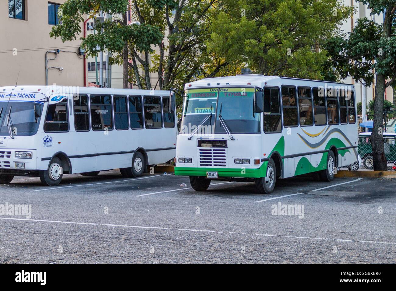 MERIDA, VENEZUELA - AUGUST 20, 2015: Small buses are waiting at a Bus station in Merida, Venezuela Stock Photo