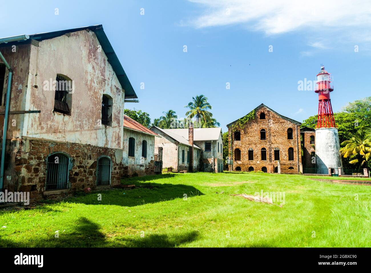 Buildings of former penal colony at Ile Royale, one of the islands of Iles du Salut (Islands of Salvation) in French Guiana Stock Photo