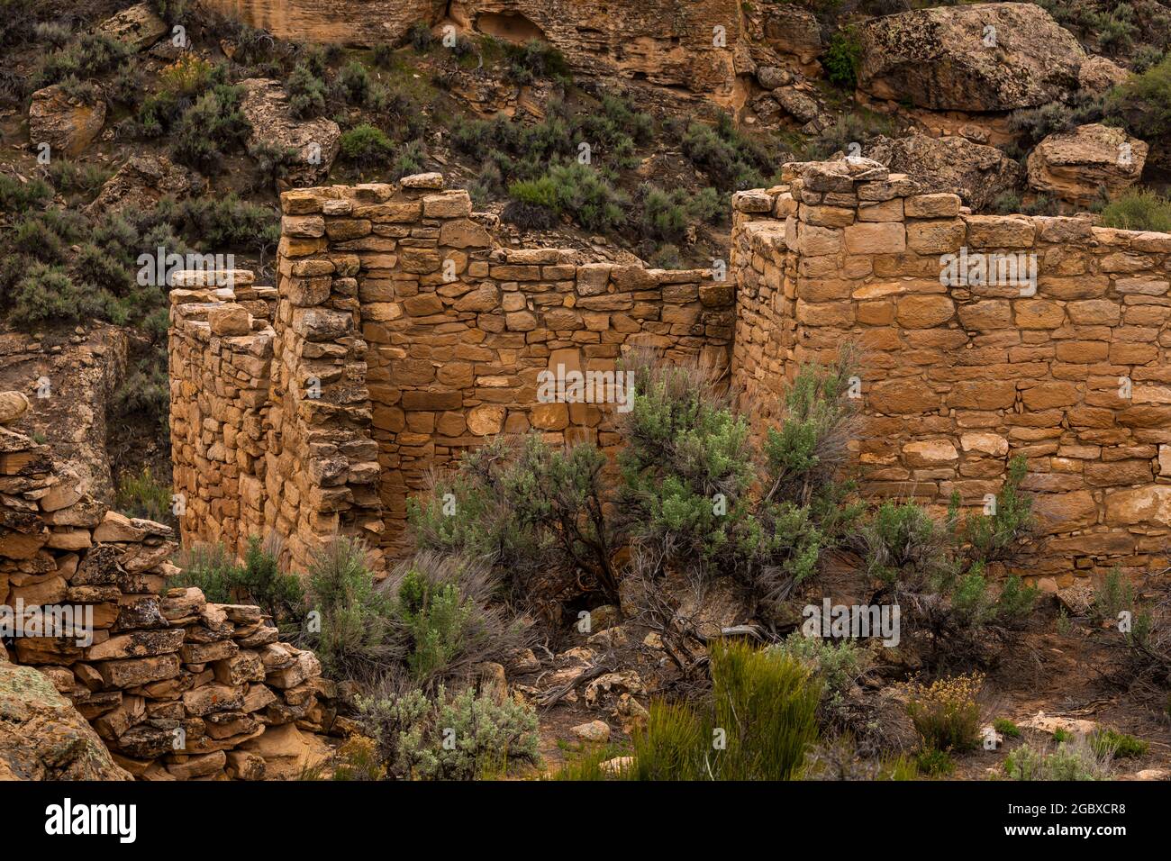 Exquisitely crafted stone walls Unit Type House in Little Ruin Canyon within Hovenweep National Monument, Utah, USA Stock Photo