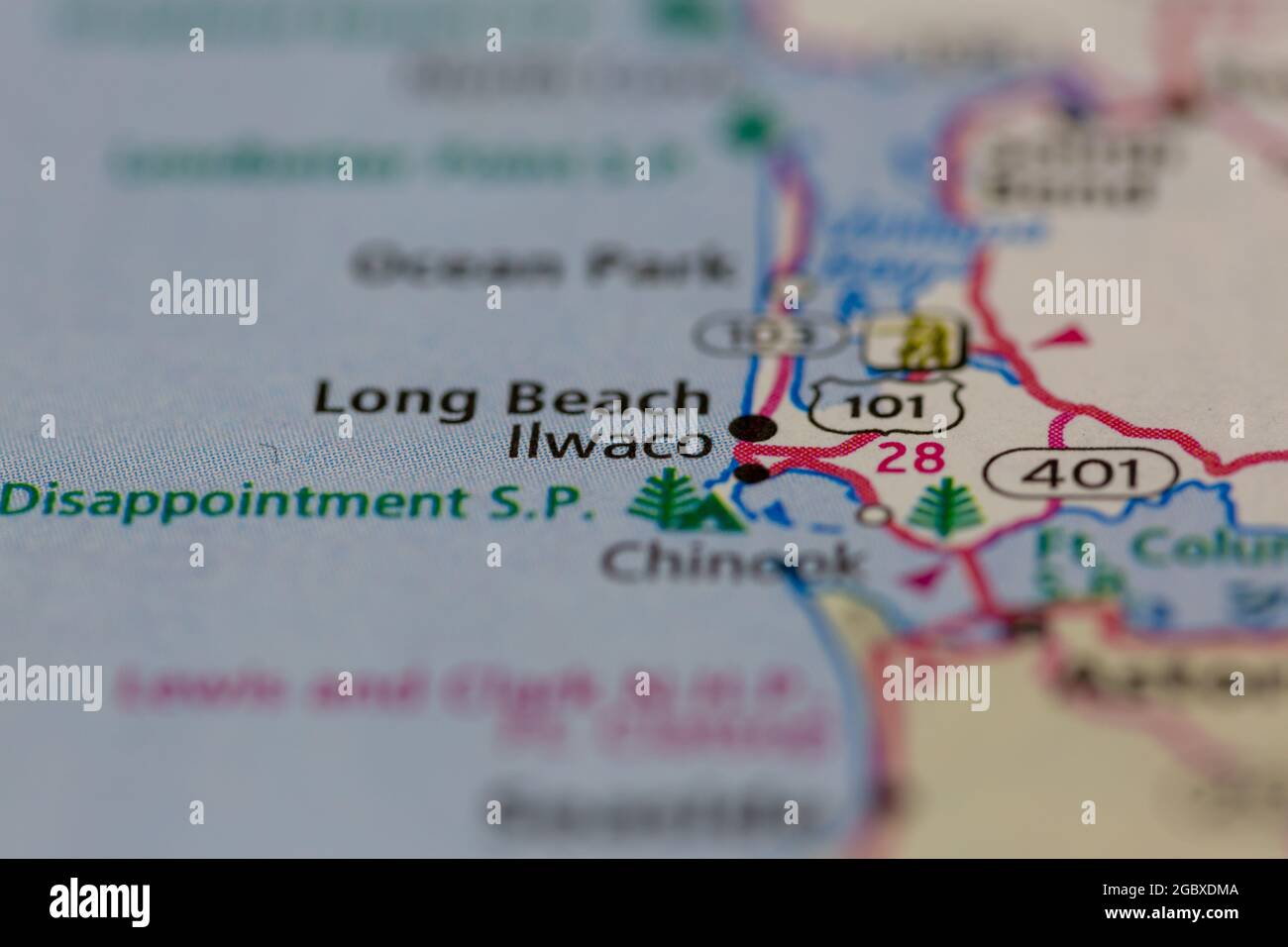 Ilwaco Washington State USA shown on a road map or Geography map Stock