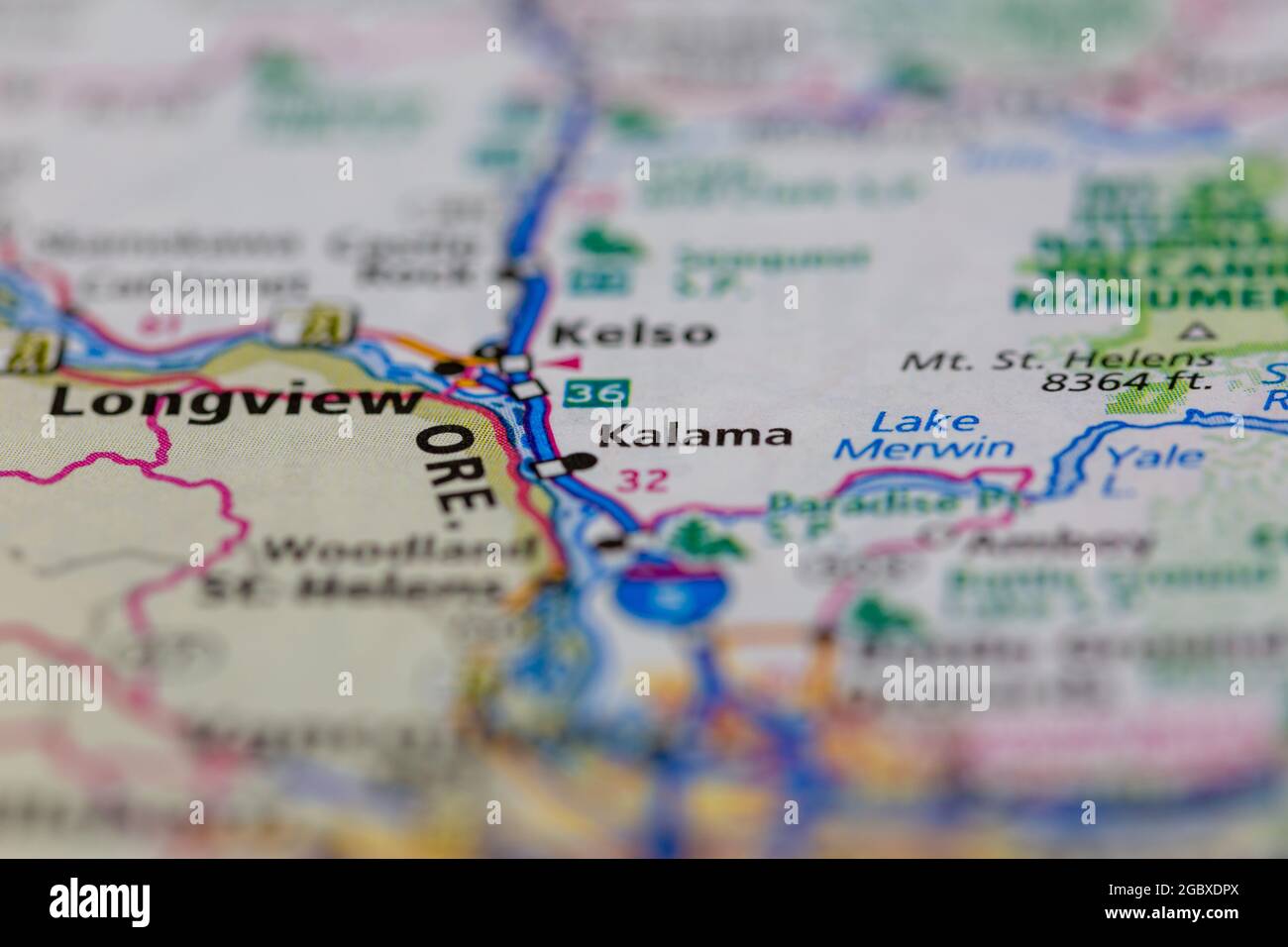 Kalama Washington State USA shown on a road map or Geography map Stock