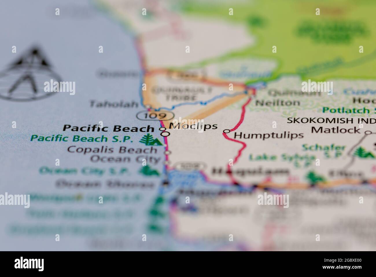 Moclips Washington State USA shown on a road map or Geography map Stock