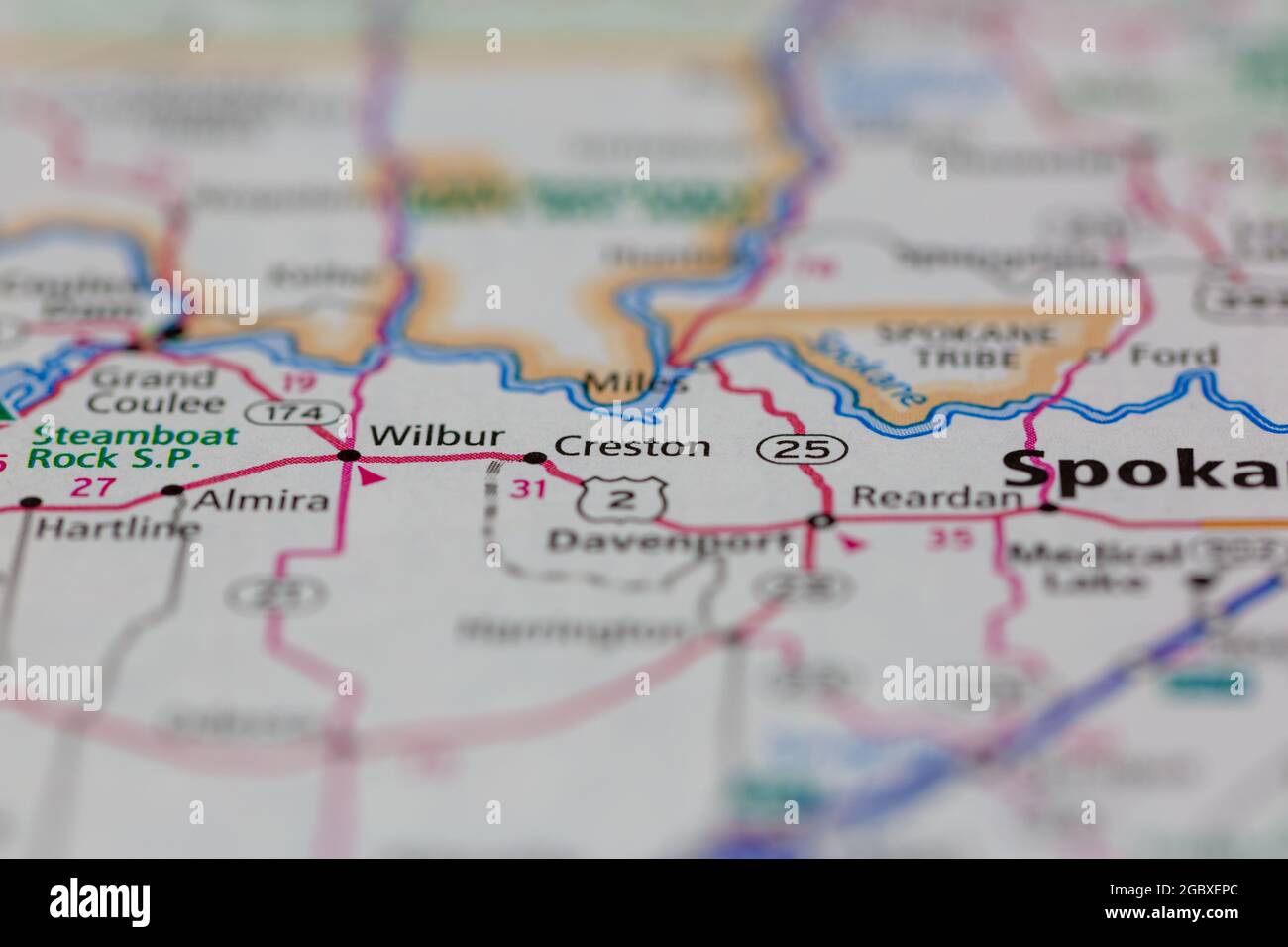 Creston Washington State USA shown on a road map or Geography map Stock
