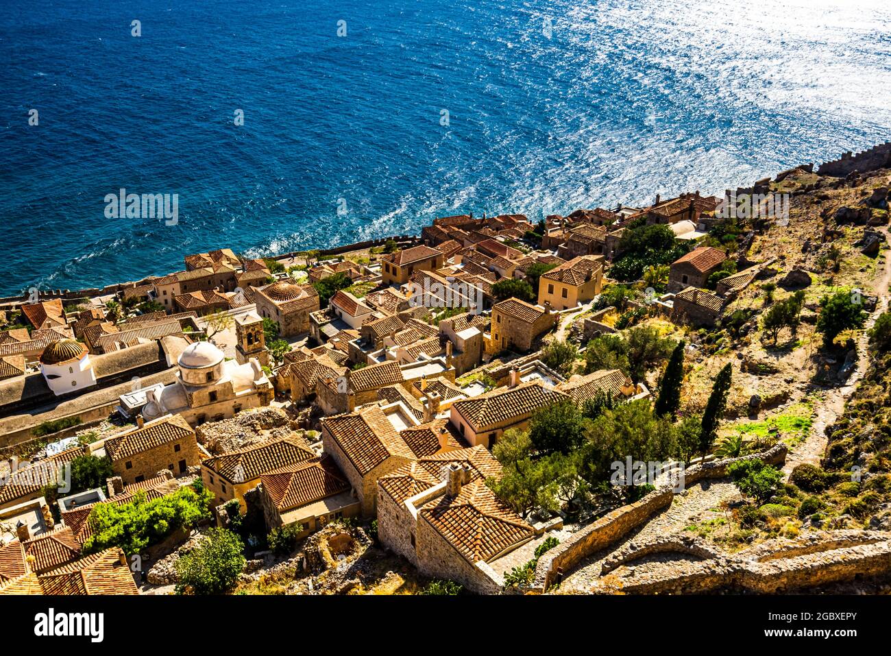 View on Cityscape at Monemvasia, Peloponnese, Greece Stock Photo