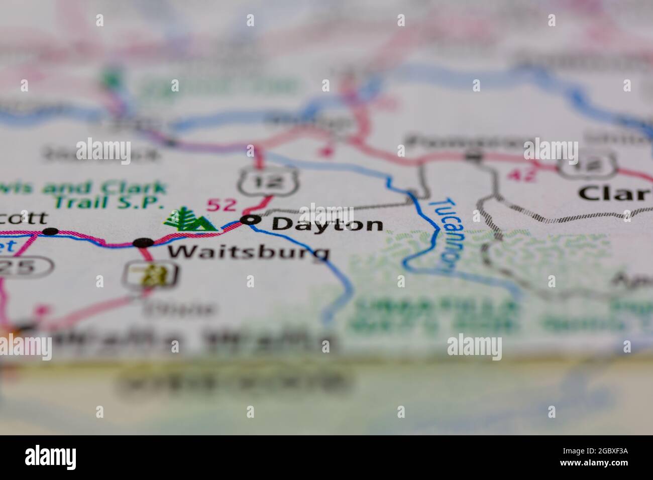 Dayton Washington State USA shown on a road map or Geography map Stock Photo