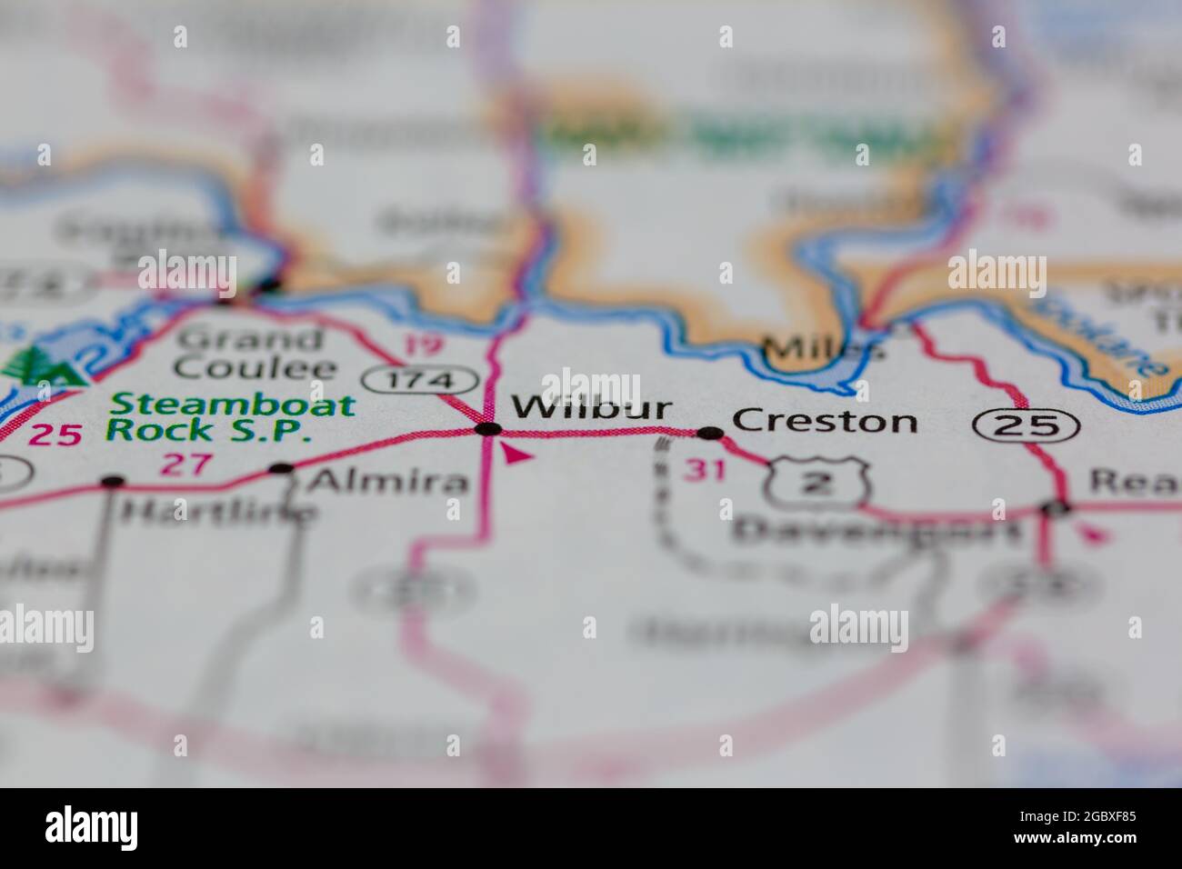 Wilbur Washington State USA shown on a road map or Geography map Stock