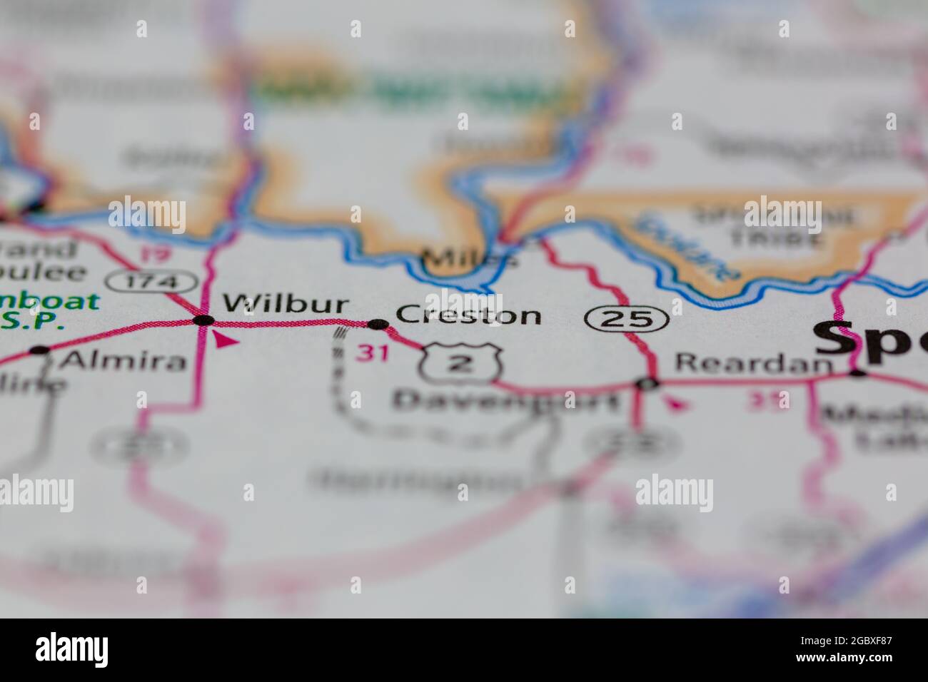 Creston Washington State USA shown on a road map or Geography map Stock