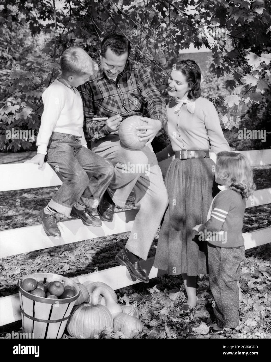 1950s FAMILY OF FOUR IN AUTUMN MOTHER DAUGHTER STANDING BY SON SITTING ON WHITE FENCE WATCHING FATHER CARVING HALLOWEEN PUMPKIN  - h819 HAR001 HARS FENCE FOUR AUTUMN MOM PUMPKIN NOSTALGIC FALL PAIR 4 SUBURBAN MOTHERS MAGIC OLD TIME BUSY NOSTALGIA OLD FASHION 1 JUVENILE BALANCE TEAMWORK CARVING SONS FAMILIES JOY LIFESTYLE CELEBRATION FEMALES MARRIED RURAL SPOUSE HUSBANDS HOME LIFE COPY SPACE FULL-LENGTH LADIES DAUGHTERS PERSONS INSPIRATION CARING MALES CONFIDENCE FATHERS B&W PARTNER GOALS HAPPINESS LEISURE STRENGTH DADS EXCITEMENT RECREATION PRIDE BY IN OF ON AUTHORITY CONNECTION CONCEPTUAL Stock Photo