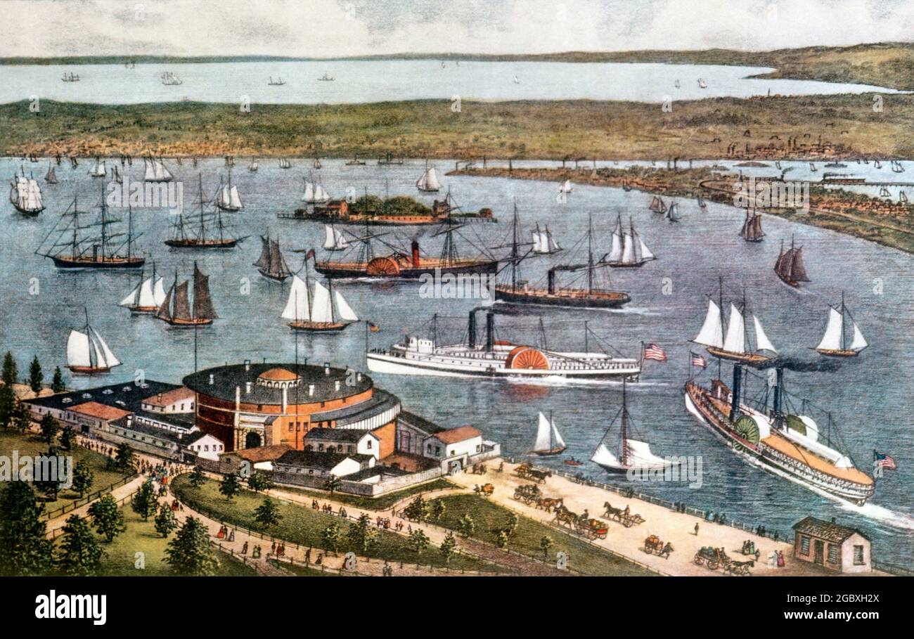 1880s UPPER AND LOWER BAY OF NEW YORK FROM THE BATTERY LOOKING SOUTHWEST - CURRIER & IVES LITHOGRAPH  - ka6482 LAN001 HARS UPPER BATTERY LITHOGRAPH NYC STEAMBOATS NEW YORK 1880s CITIES NEW YORK CITY SOUTHWEST CASTLE CLINTON CASTLE GARDEN COMMERCE CURRIER IVES SCHOONERS SHIPPING AERIAL VIEW OLD FASHIONED Stock Photo