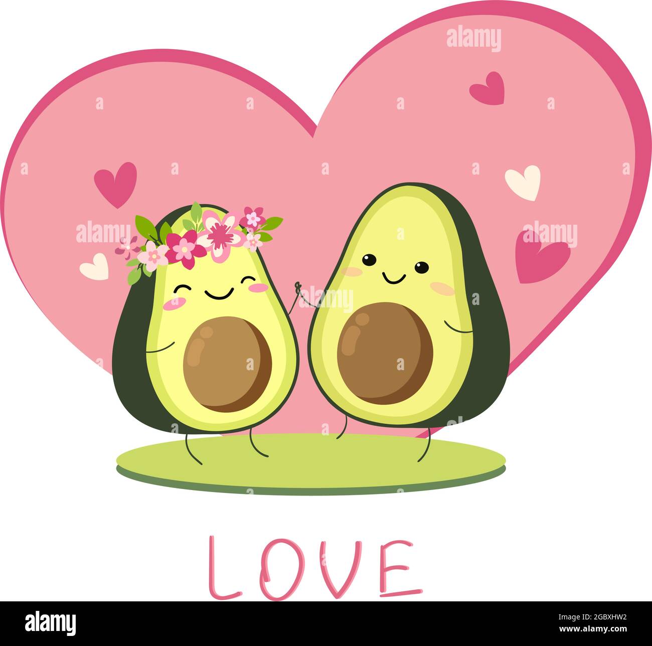 Cute vector cartoon avocado couple holding hands, Valentines day greeting  card. Funny poster. .two avocado lovers on the lawn on the background of a  pink heart. isolated on white background Stock Vector
