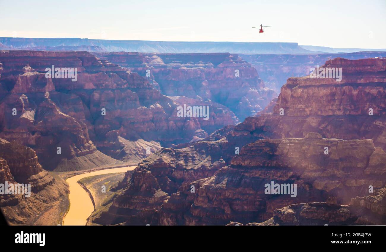 Helicopters fliing against the backdrop of the Grand Canyon, Colorado, USA Stock Photo