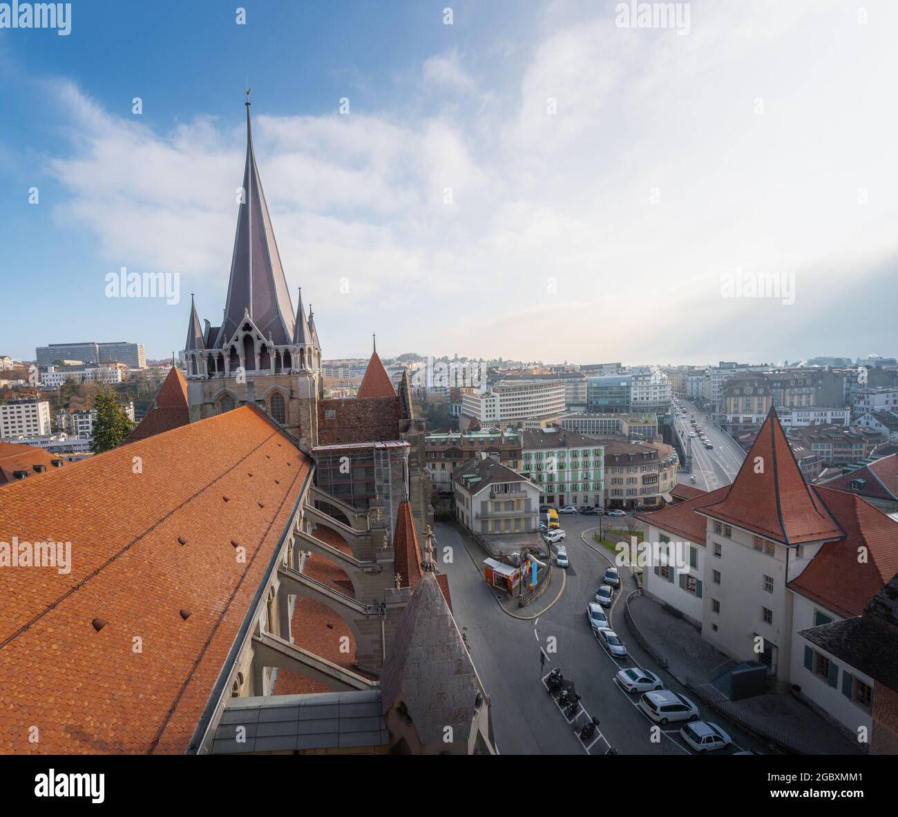 Aerial views of Lausanne and Lausanne Cathedral - Lausanne, Switzerland Stock Photo