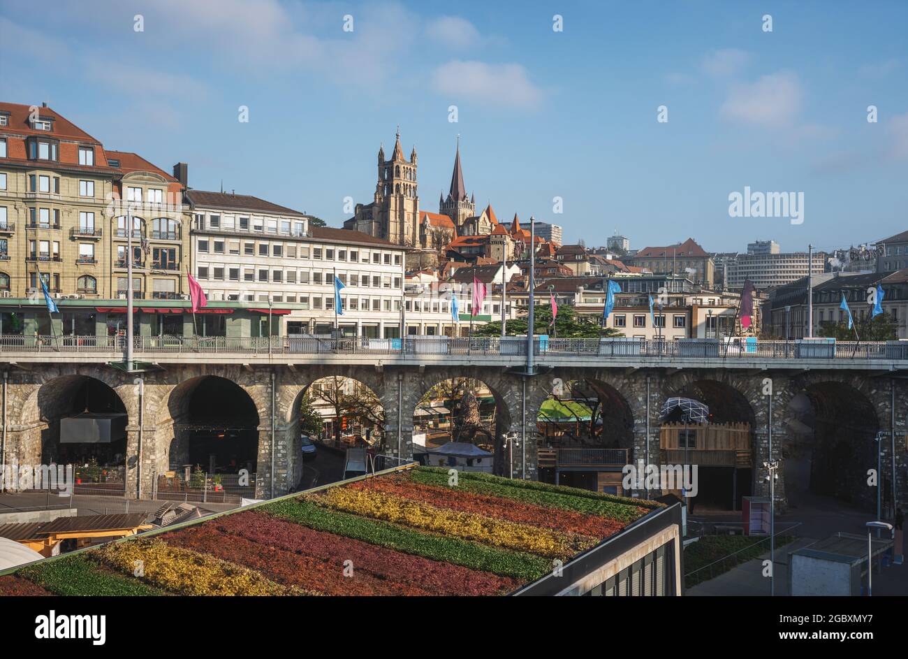 Le Flon views and Lausanne skyline with Cathedral - Lausanne, Switzerland Stock Photo