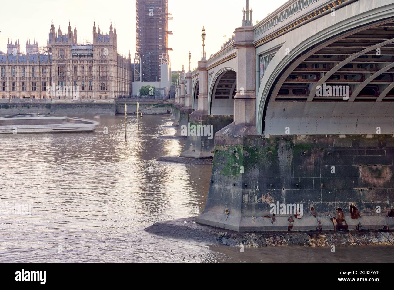 side view of London Westminster Bridge towards house of Parliament and big Ben England Stock Photo
