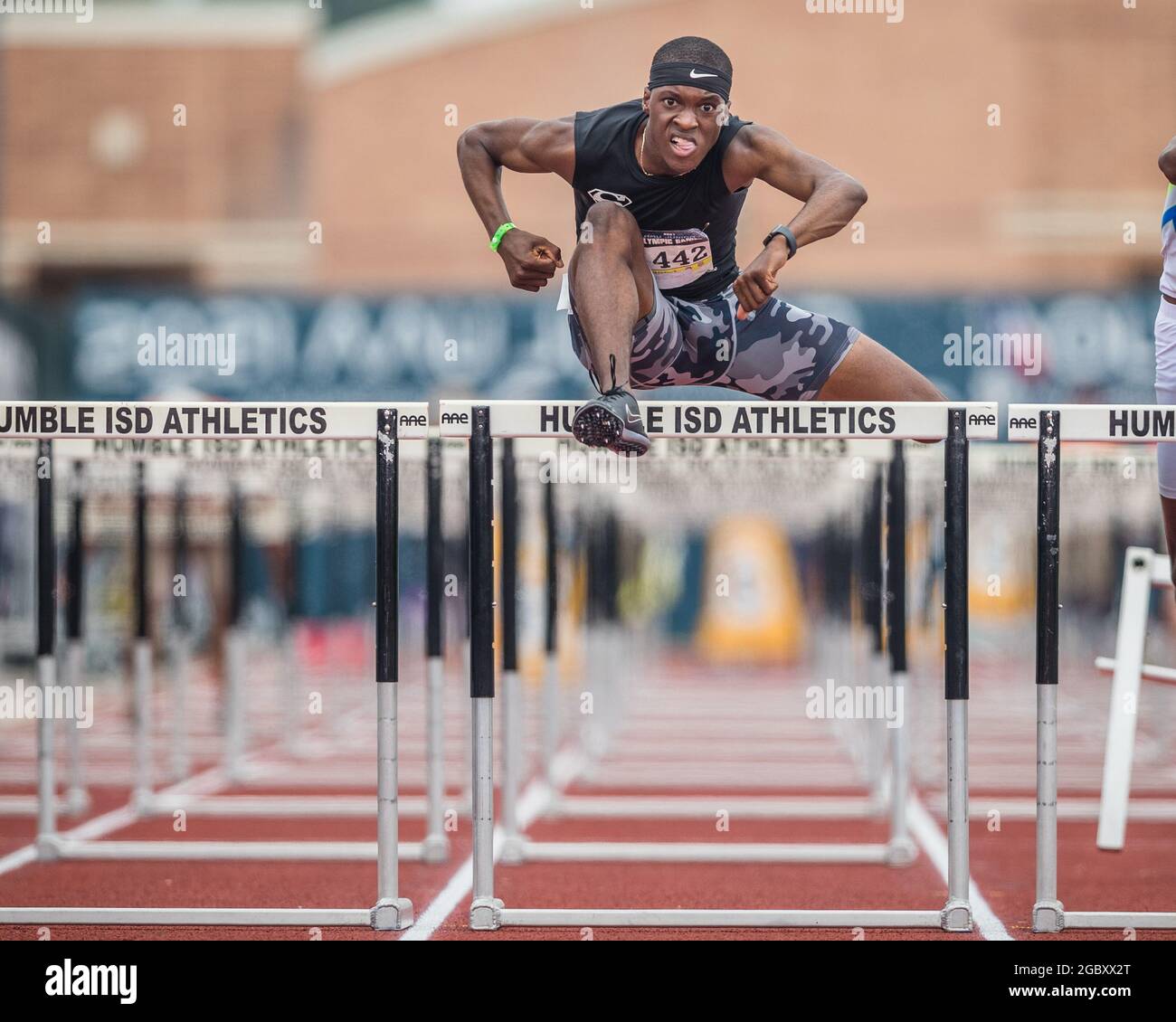 Texas, USA. August 5, 2021: Tamaal Myers competes in the Men's 110 Meter Hurdles 17-18 years old division in the 2021 AAU Junior Olympic Games at George Turner Stadium in Houston, Texas. Prentice C. James/CSM Credit: Cal Sport Media/Alamy Live News Stock Photo