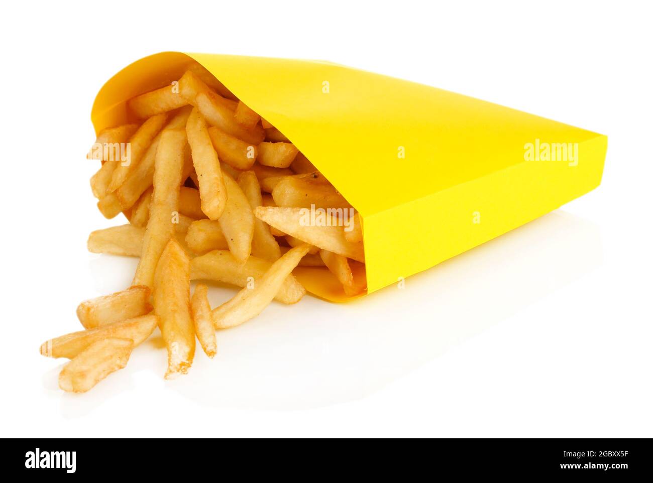French fries in the paper bag isolated on white Stock Photo by