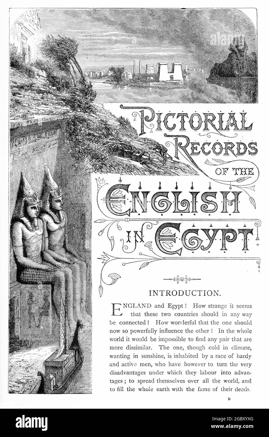 Engraving of the front page of a history book on the English in Egypt and the life of Major-General Charles George Gordon, published circa 1890 Stock Photo
