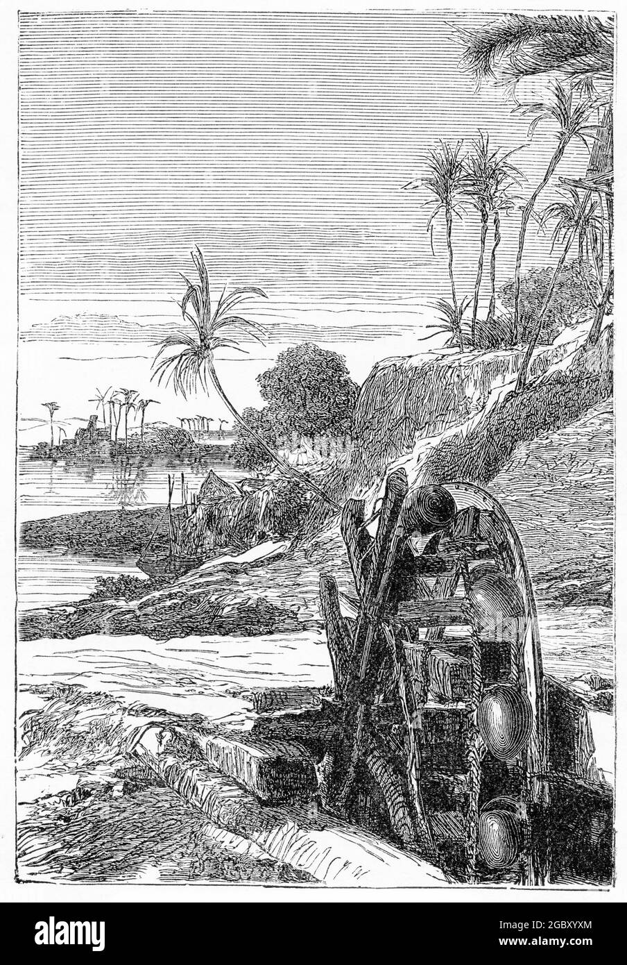 Engraving of a water wheel lifting water from the Nile River in Egypt, from a publication circa 1890 Stock Photo