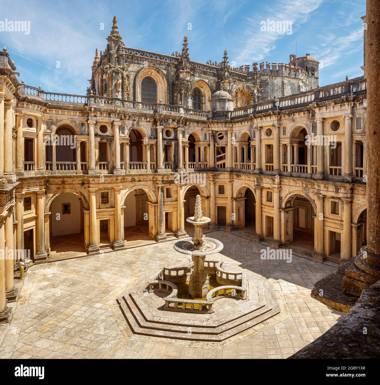 Tomar, Portugal - June 3, 2021: View, from the top floor, of the main cloister of the Convento de Cristo in Tomar, Portugal, on a sunny day. Stock Photo