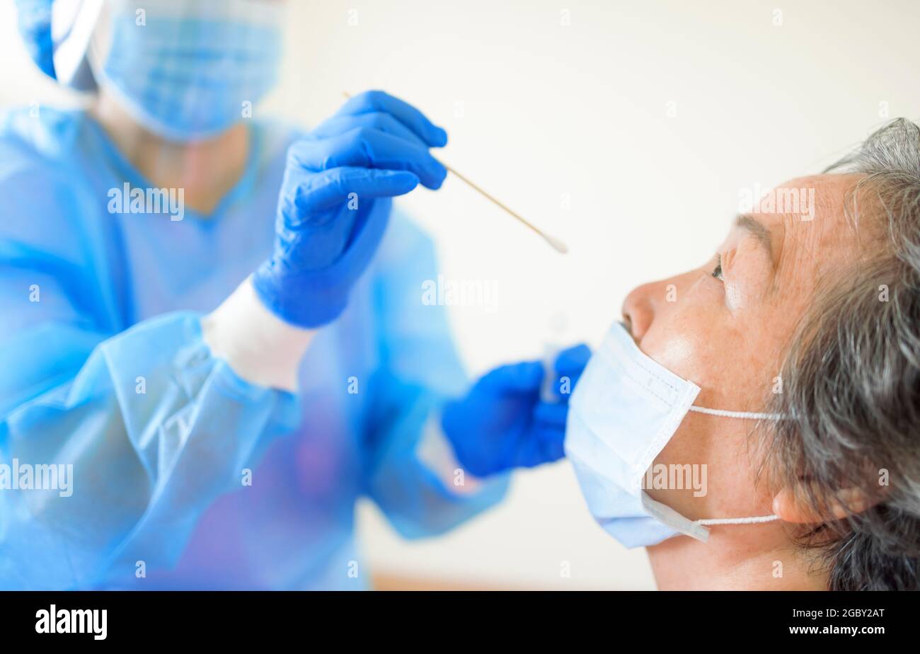 Medical worker taking  swab for corona virus sample from potentially infected  senior woman Stock Photo