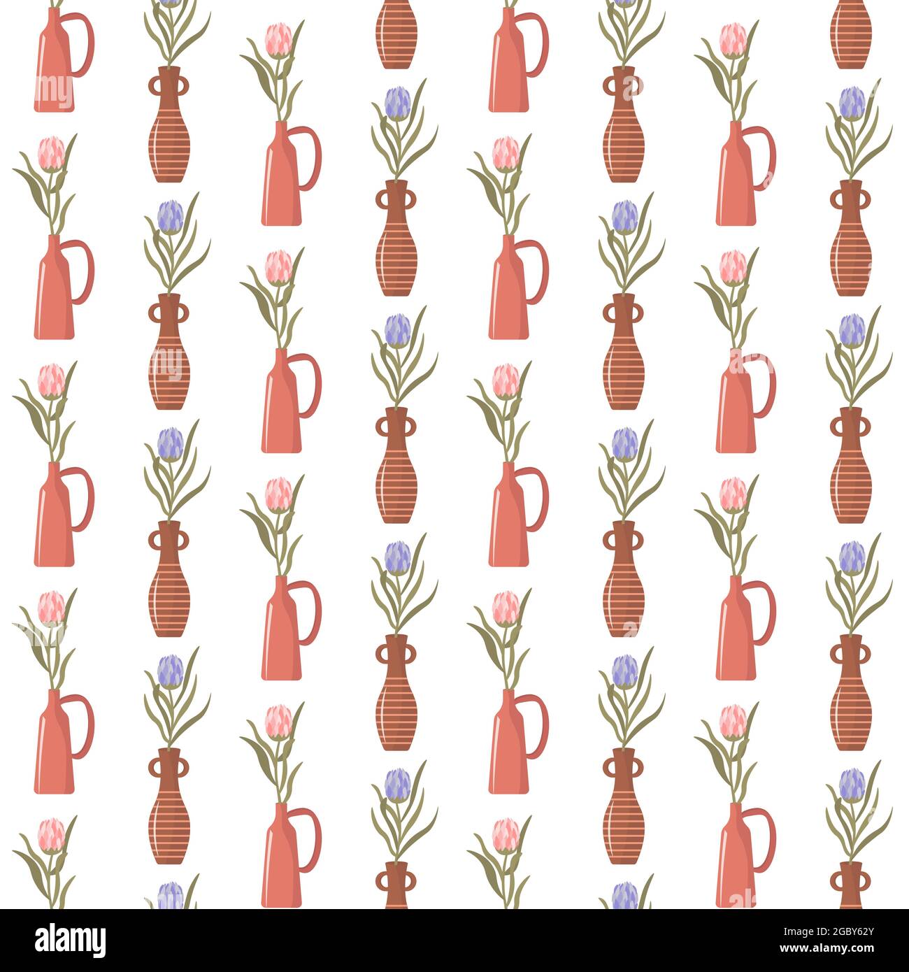 Protea flower in a clay jug. Floral vector pattern on white background. Stock Vector