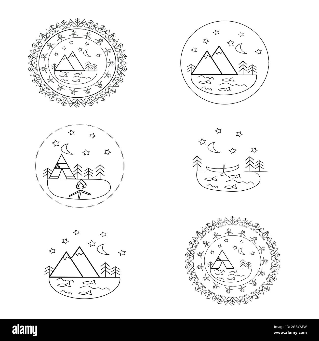 Camp with design elements. Vector illustration. Camping and outdoor adventure emblems. Stock Vector