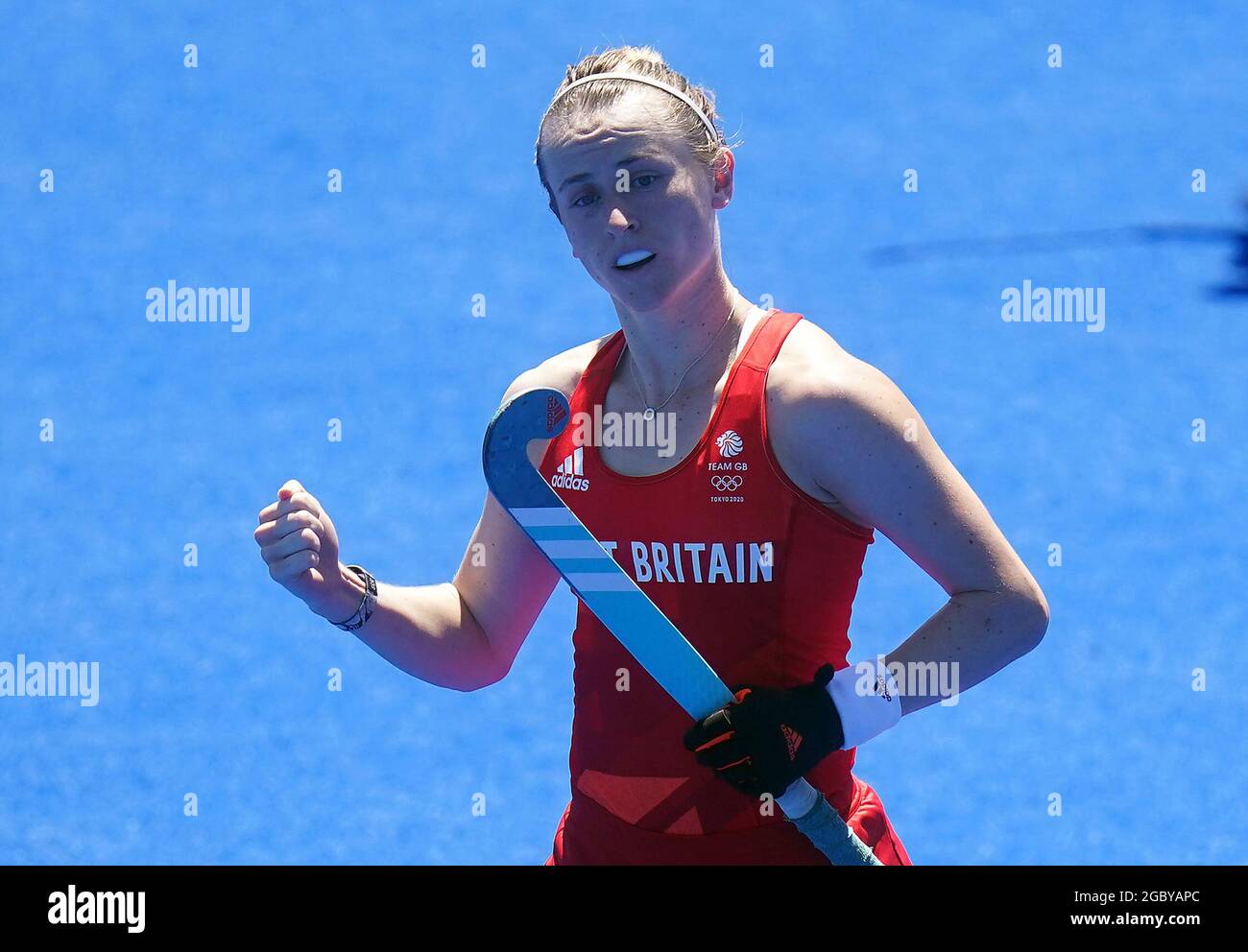 Great Britain's Sarah Robertson celebrates scoring their side's first goal  of the game during the Women's Bronze Medal Match on the north pitch at the  Oi Hockey Stadium on the fourteenth day